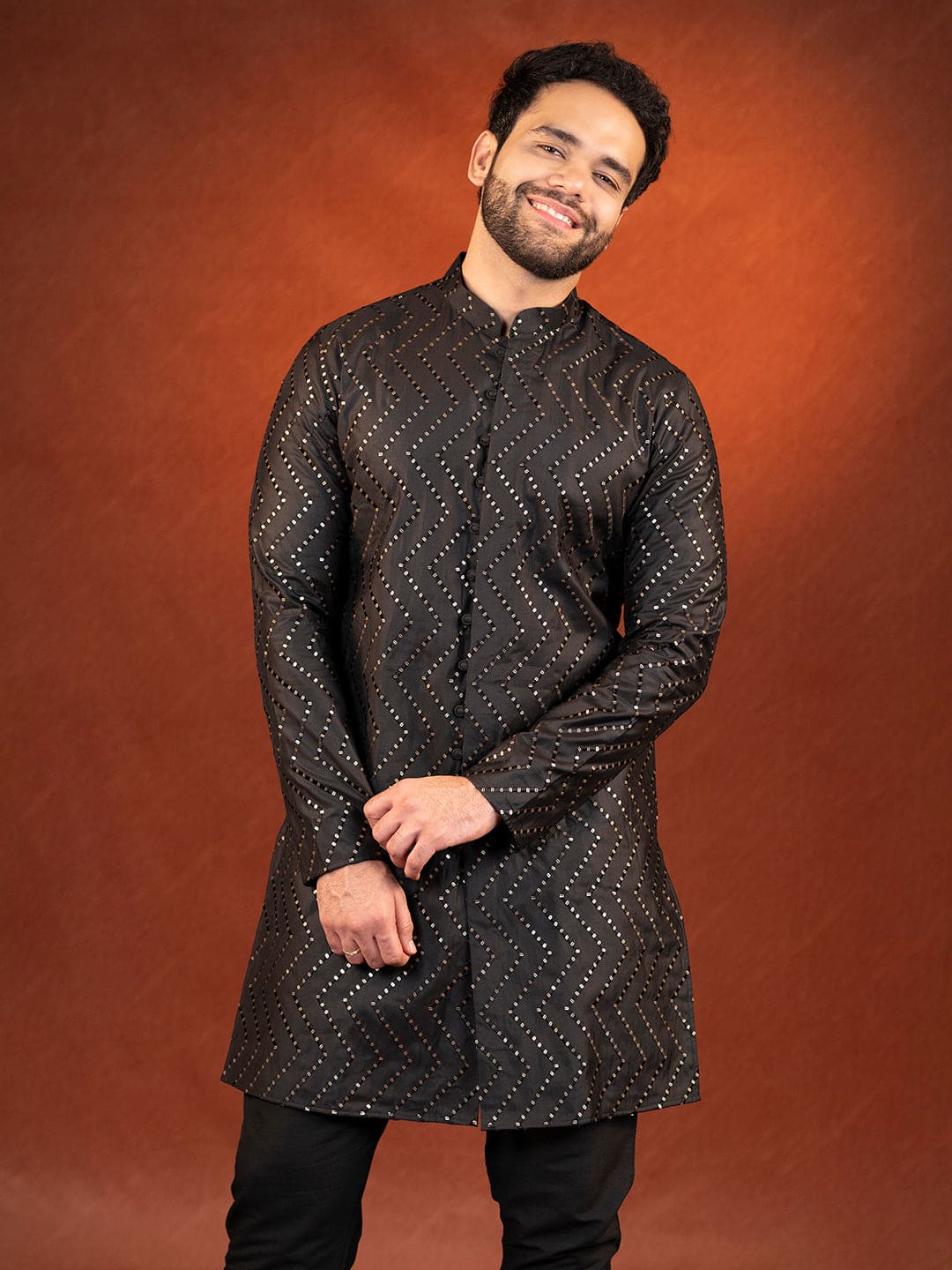 Black Embroidered front open Kurta Set