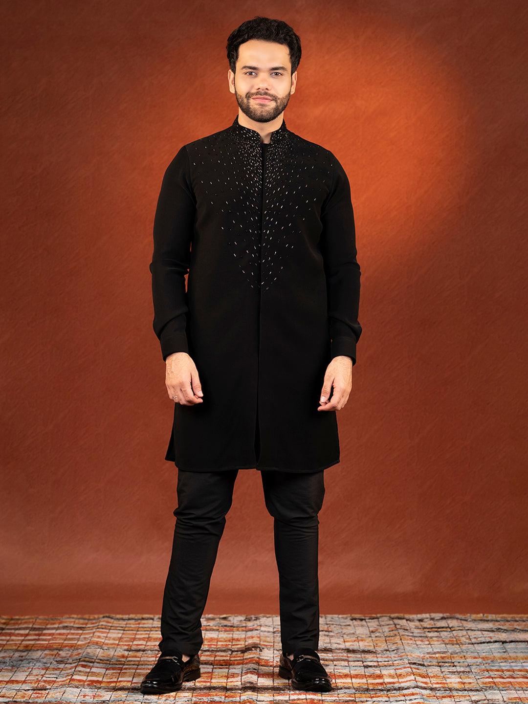 Black Ceremonial front Open Kurta Set