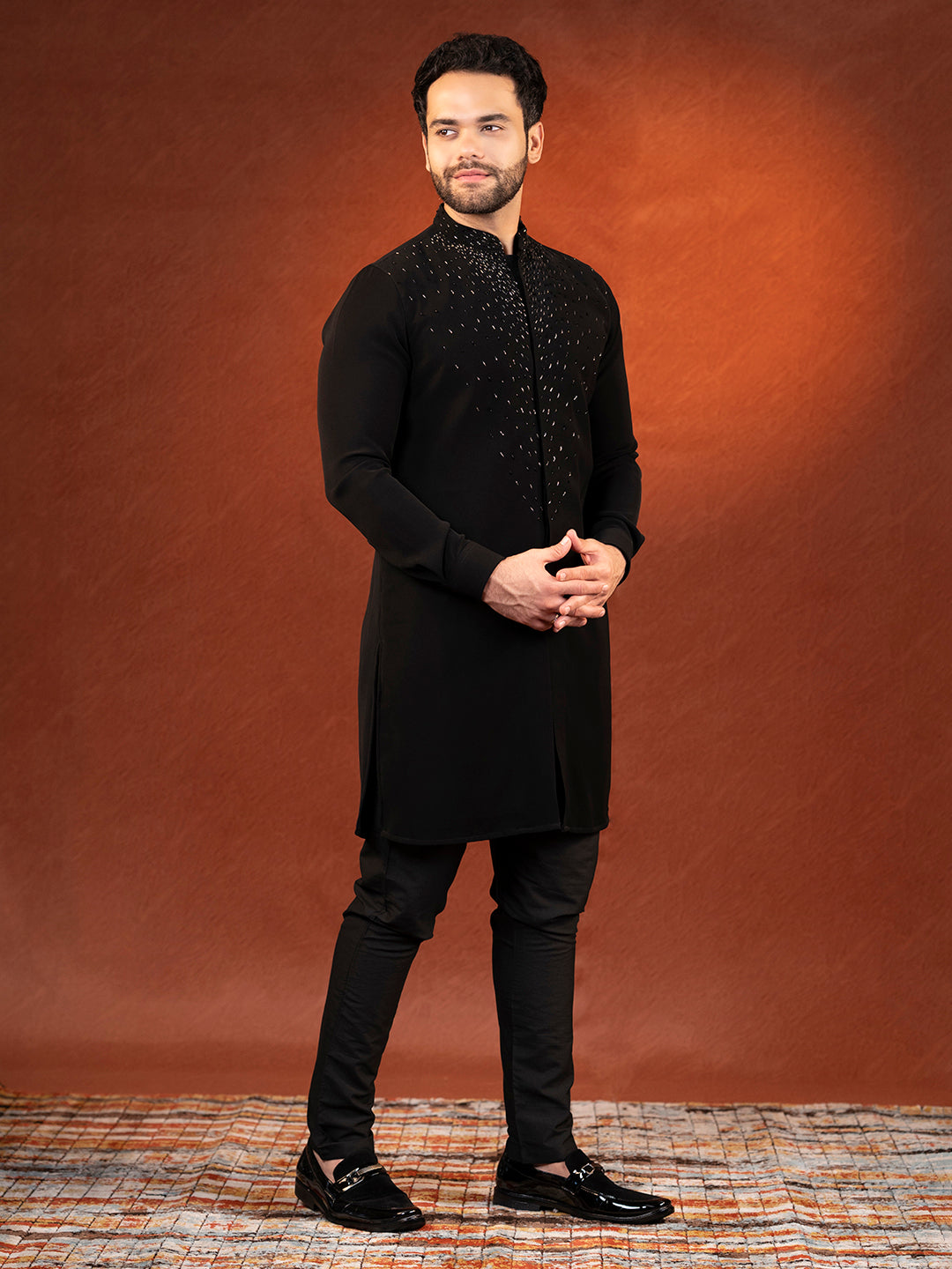 Black Ceremonial front Open Kurta Set