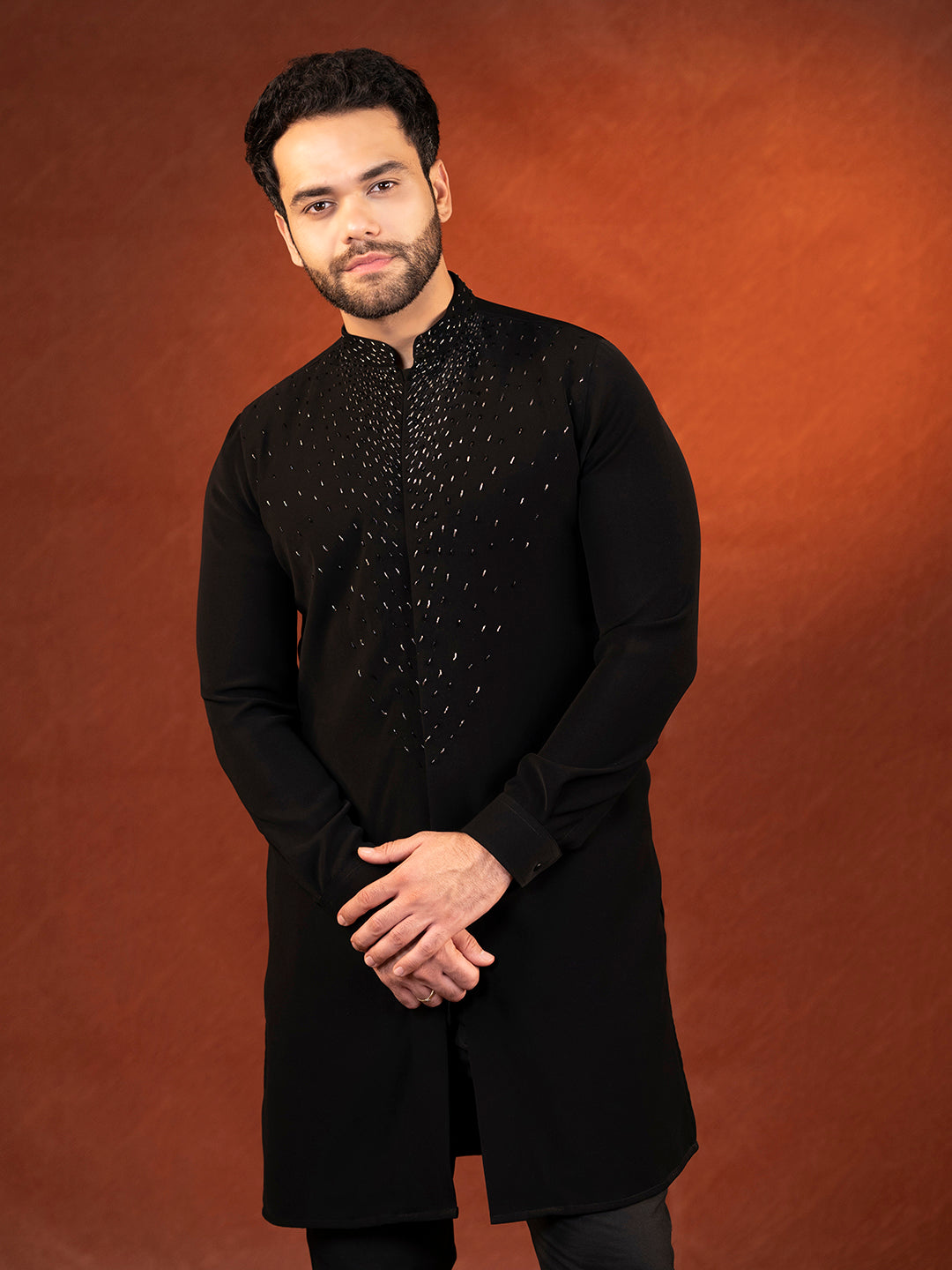 Black Ceremonial front Open Kurta Set