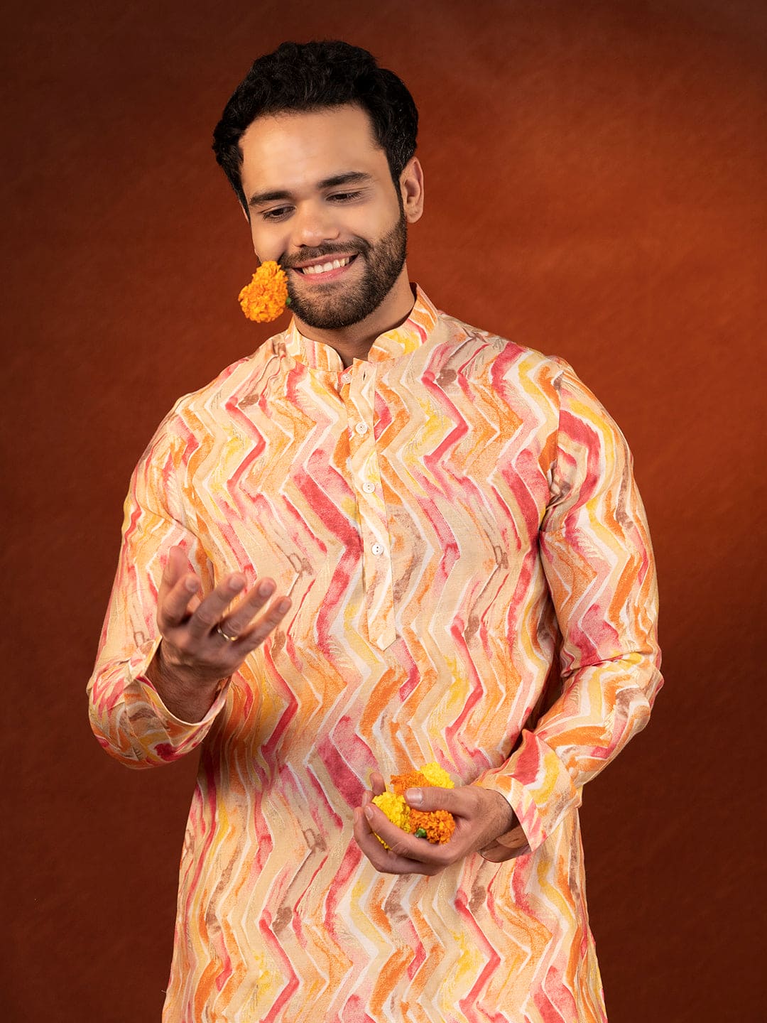 Gold Zigzag Multicolor Ceremonial Kurta Set