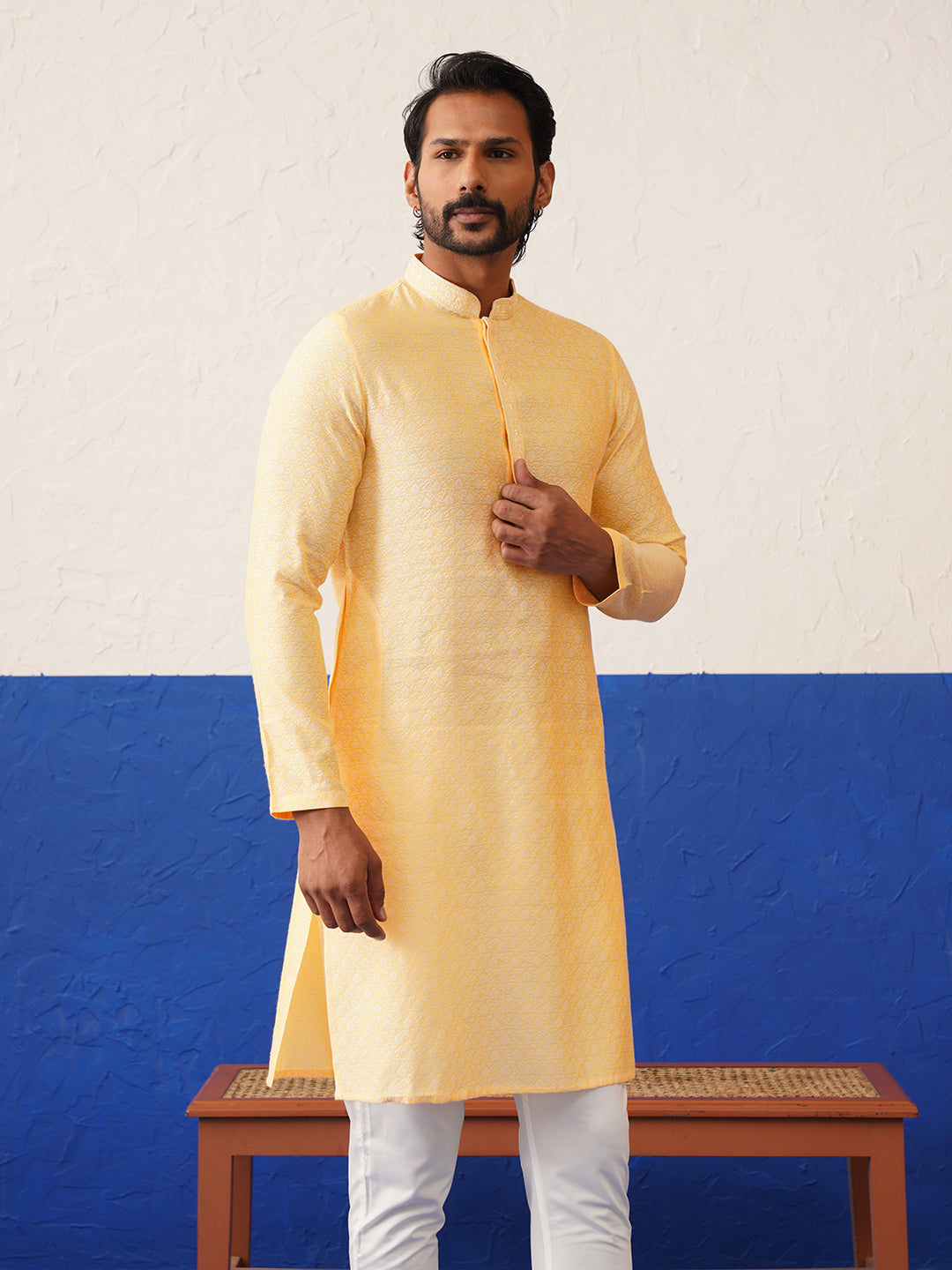 Yellow Jacquard Embroidered Kurta Set