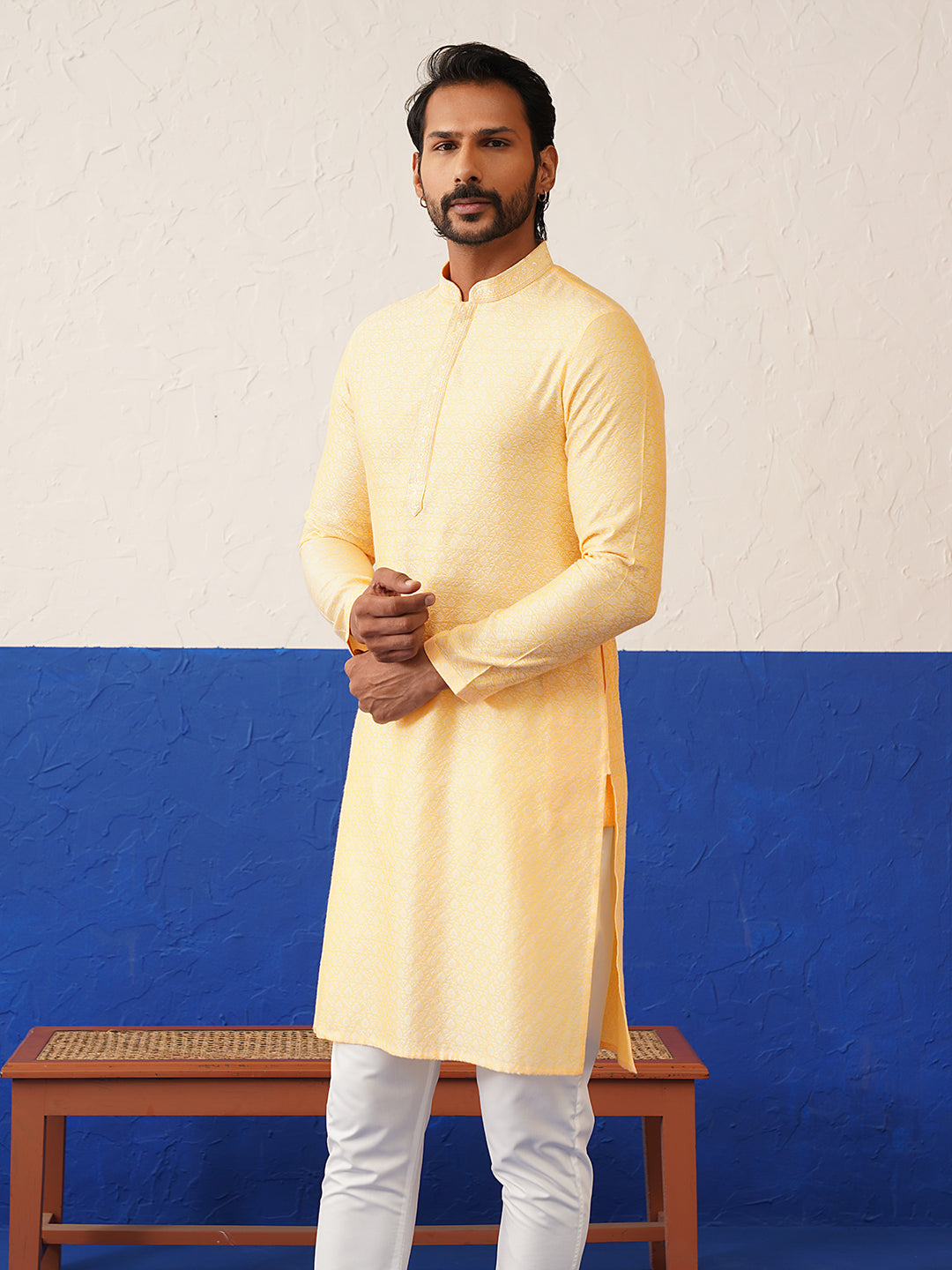 Yellow Jacquard Embroidered Kurta Set