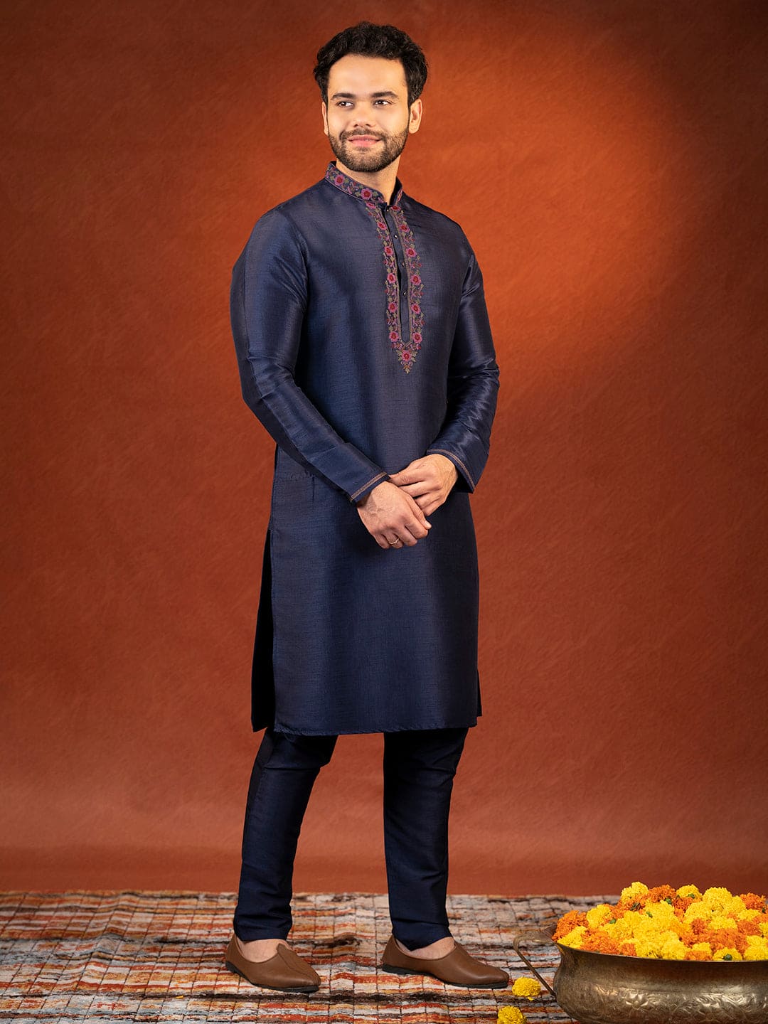 Navy Pashmina Embroidered Kurta set