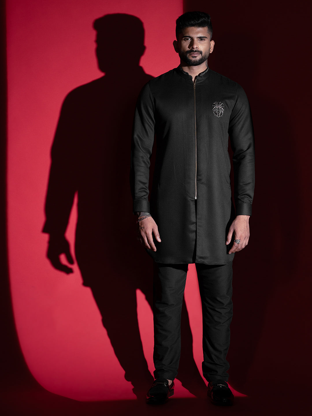 Black Lion Embroidery front Open Kurta Set