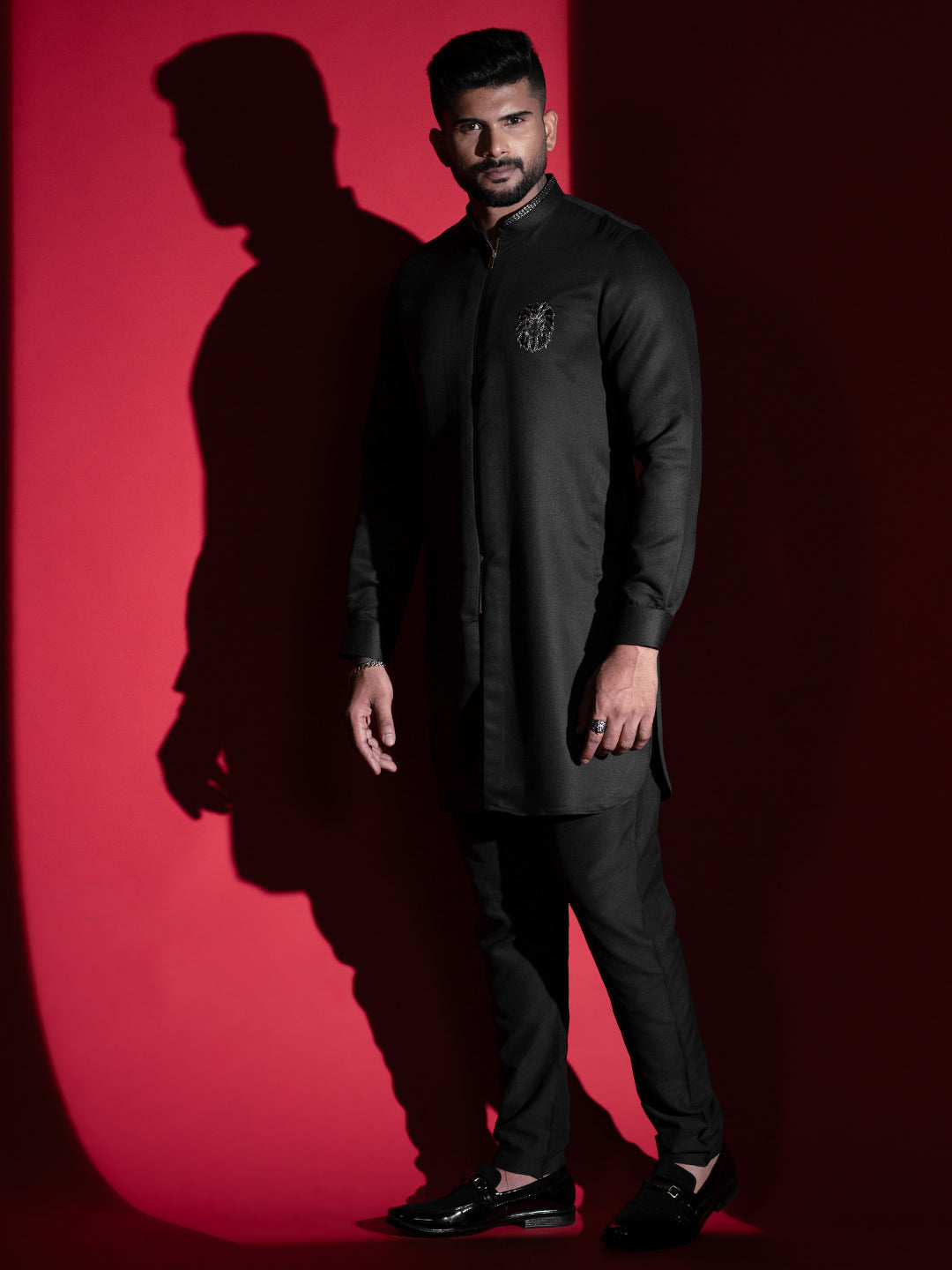 Black Lion Embroidery front Open Kurta Set