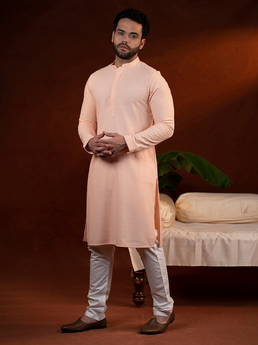 Peach Chikankari Kurta Set