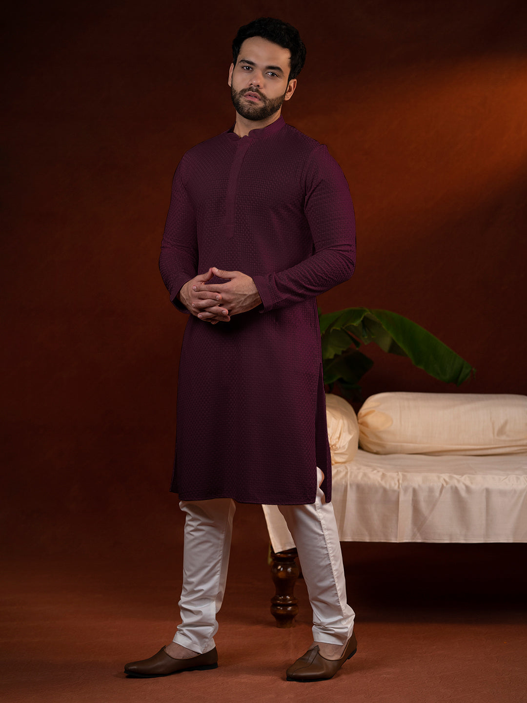 Wine Chikankari Kurta Set