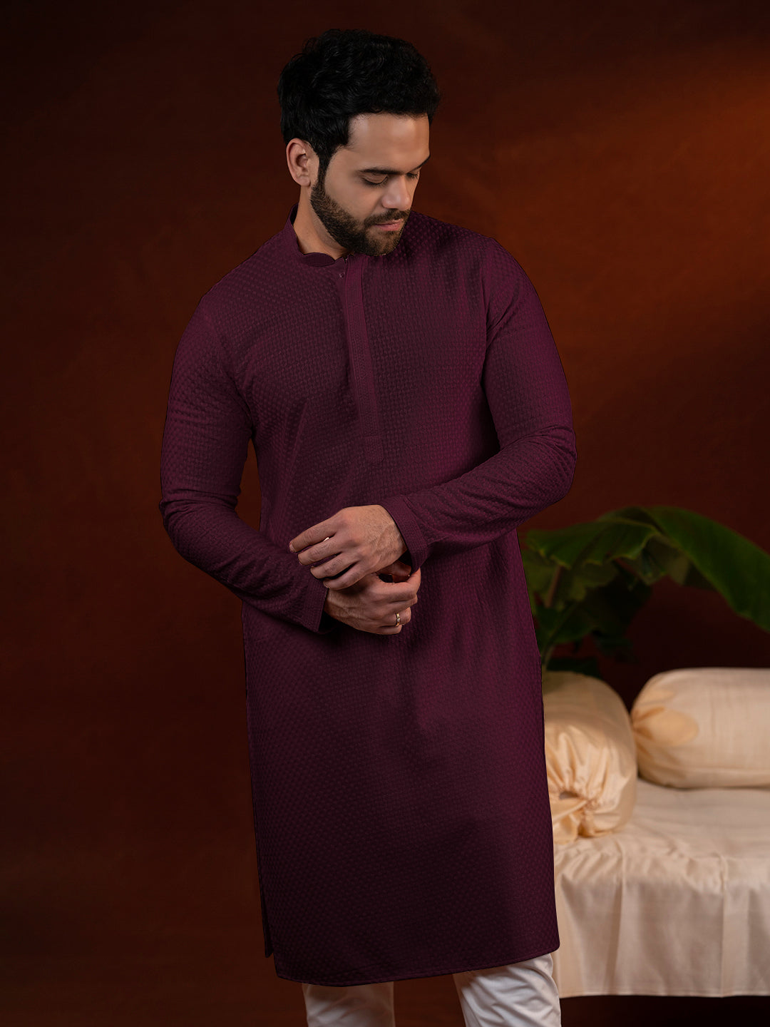 Wine Chikankari Kurta Set