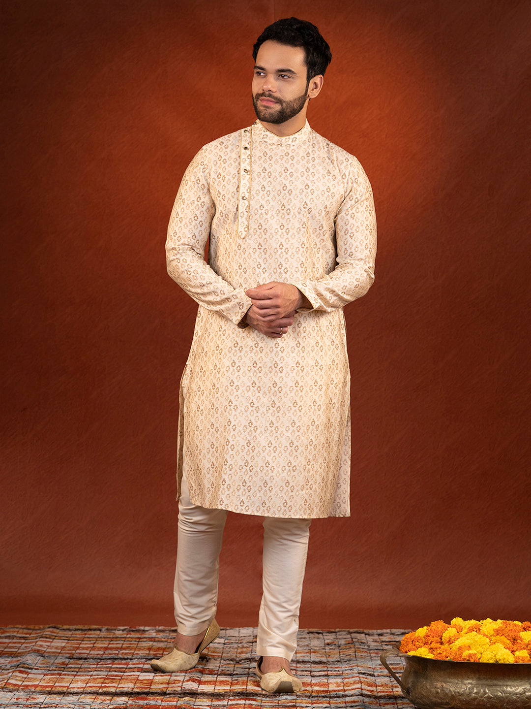 Cream Printed Side Open Kurta Set