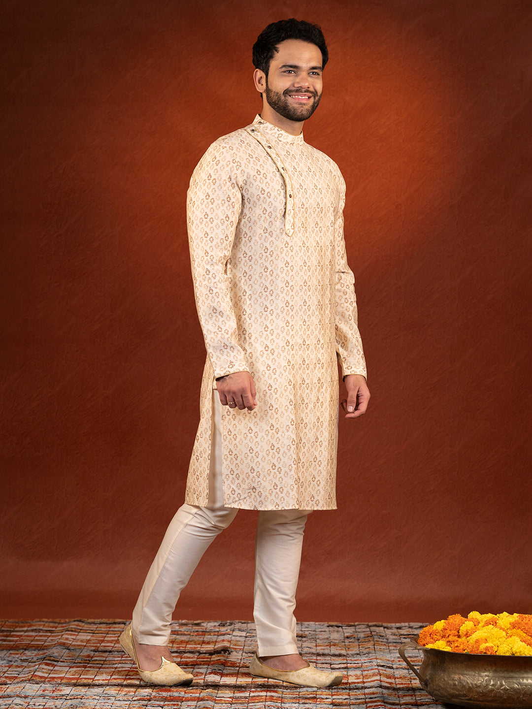 Cream Printed Side Open Kurta Set