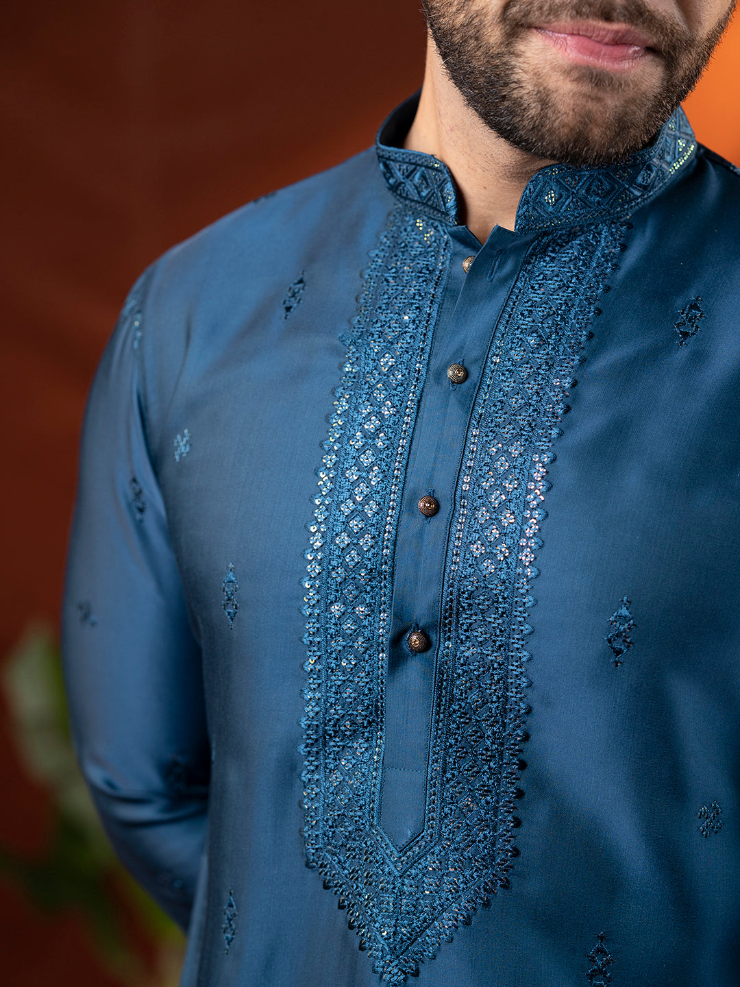 Denim Blue Embroidery Kurta Set