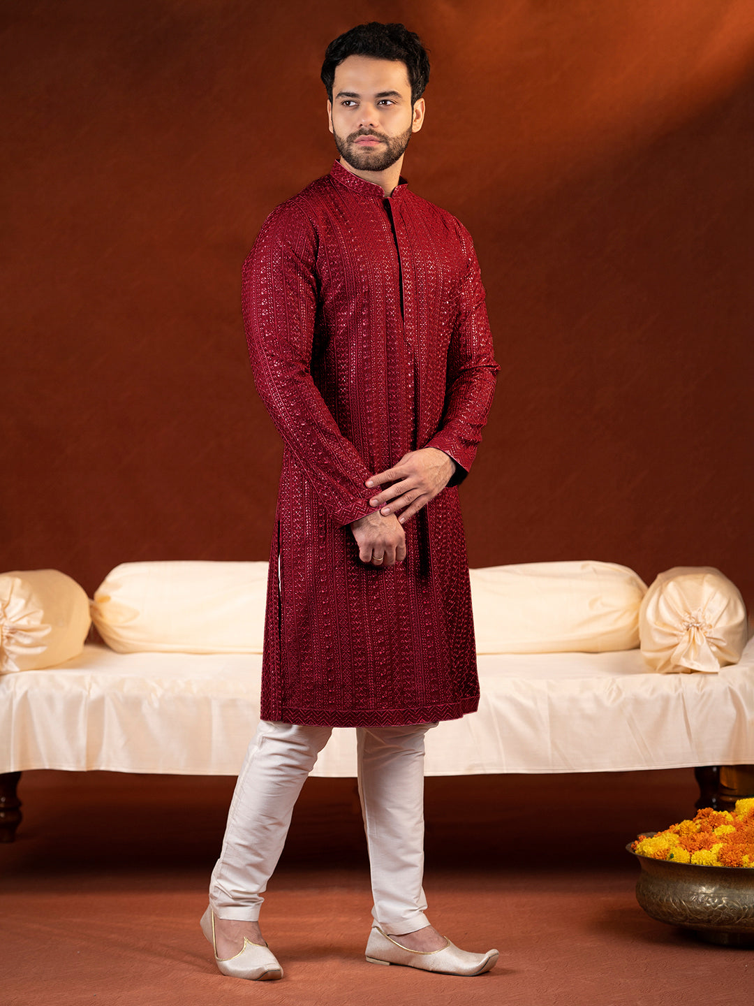 Maroon Sequin Embroidered Kurta Set