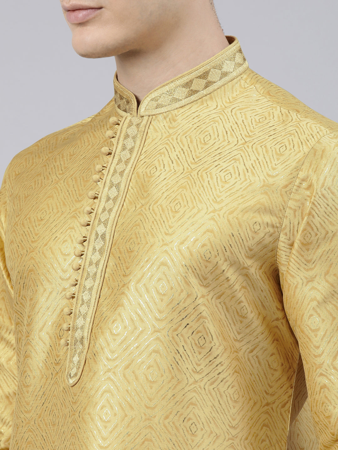 Golden Art Silk Kurta Set with Shining Golden Khadi Print