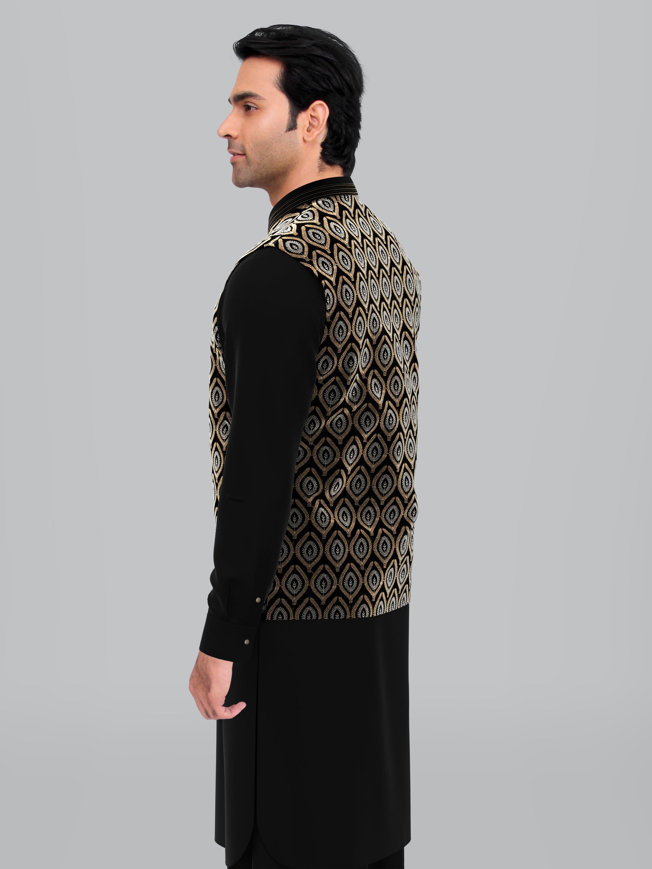 Black Velvet Embroidered Jacket Pathani Kurta Set