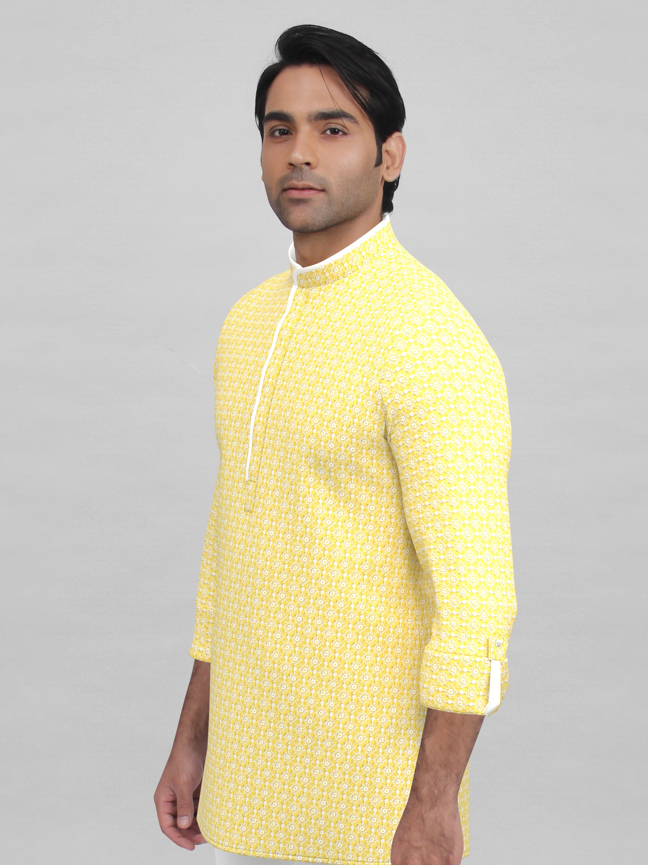 Yellow cotton embroidered Short Kurta