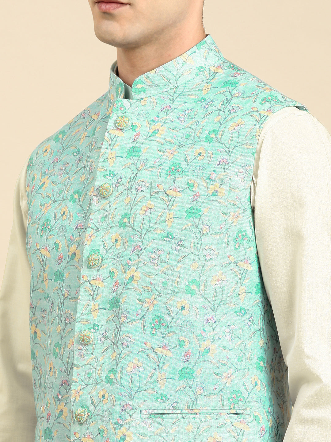 Light Pastel Blue Linen Jacket with Kurta Set