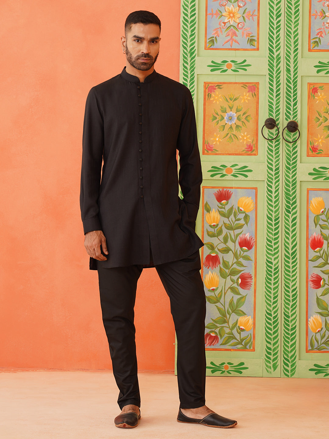 Black Cotton Front Open Kurta Set