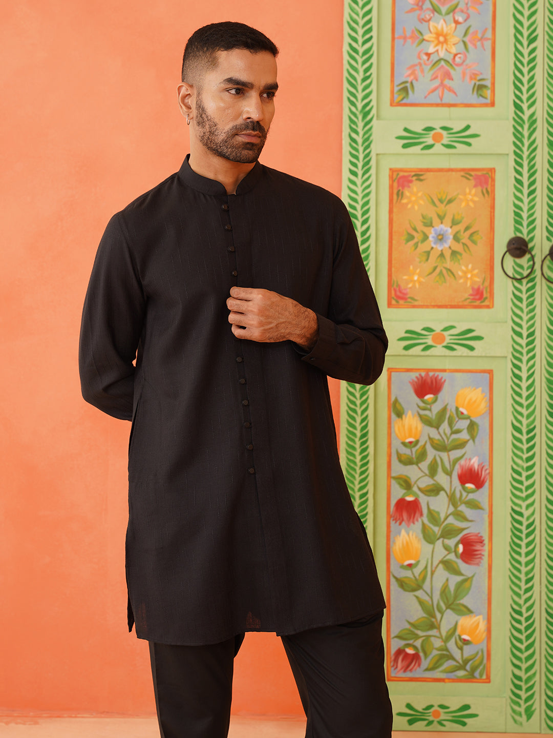 Black Cotton Front Open Kurta Set