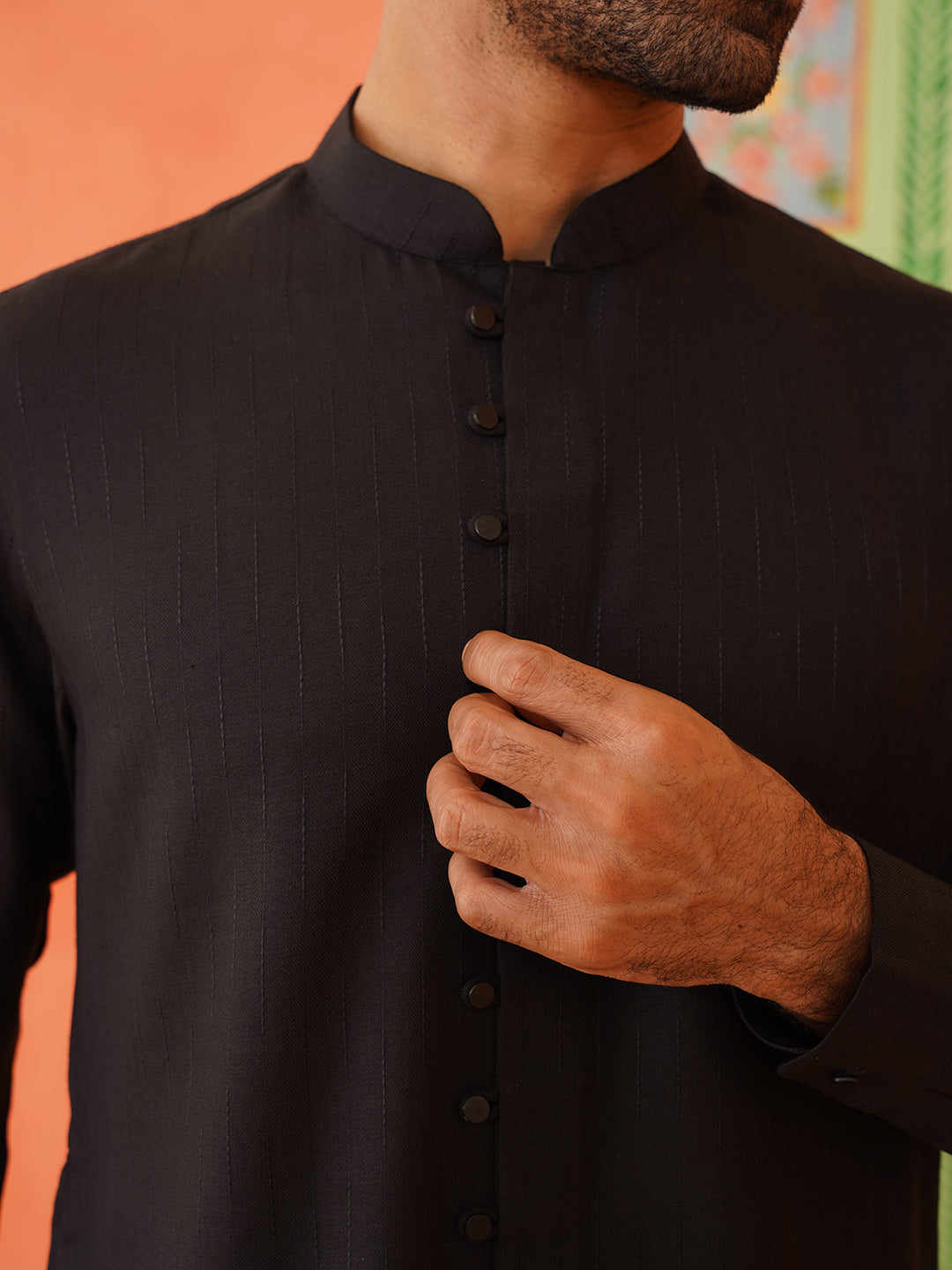 Black Cotton Front Open Kurta Set