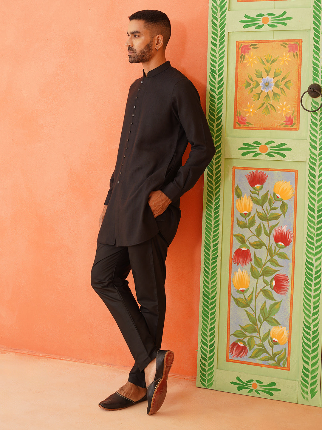 Black Cotton Front Open Kurta Set