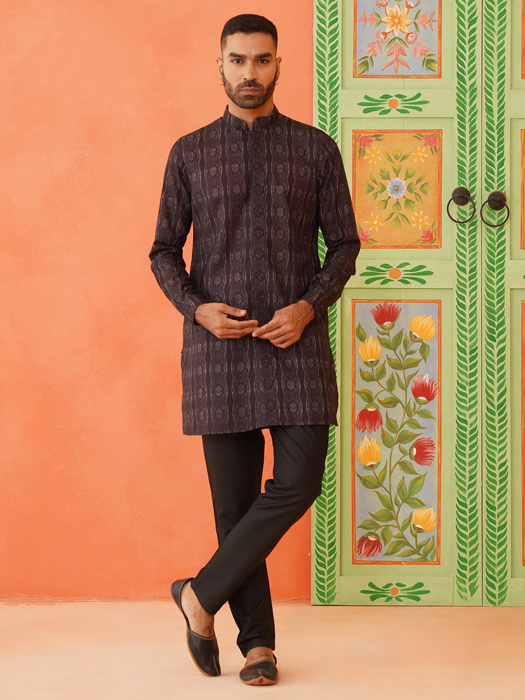 Front Open Charcoal Black Printed Kurta Set With Embroidery Highlights