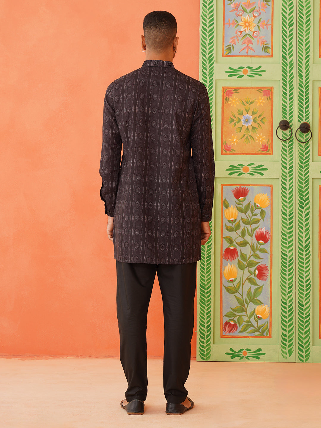 Front Open Charcoal Black Printed Kurta Set With Embroidery Highlights