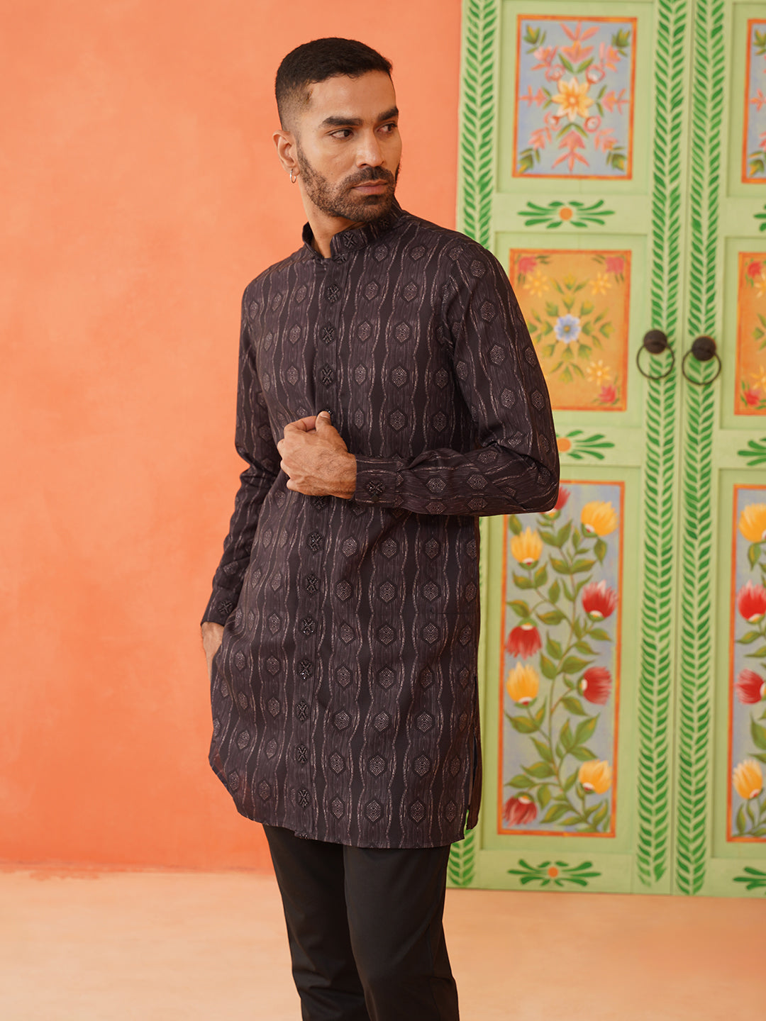 Front Open Charcoal Black Printed Kurta Set With Embroidery Highlights