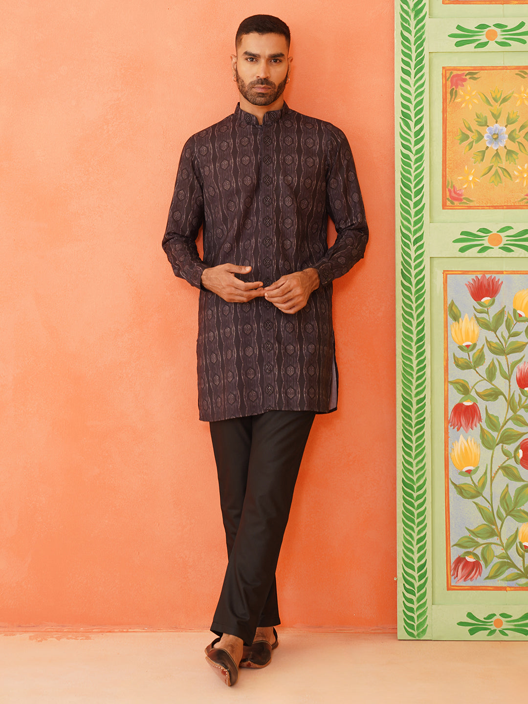 Front Open Charcoal Black Printed Kurta Set With Embroidery Highlights