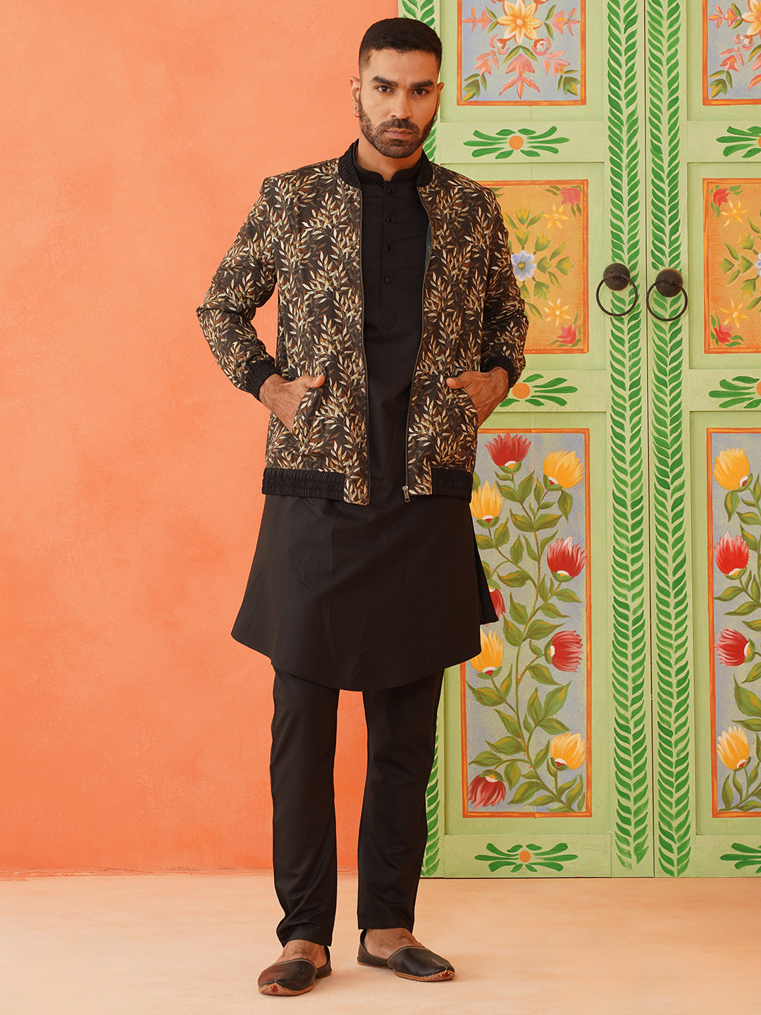 Black Printed Jacket Kurta Set