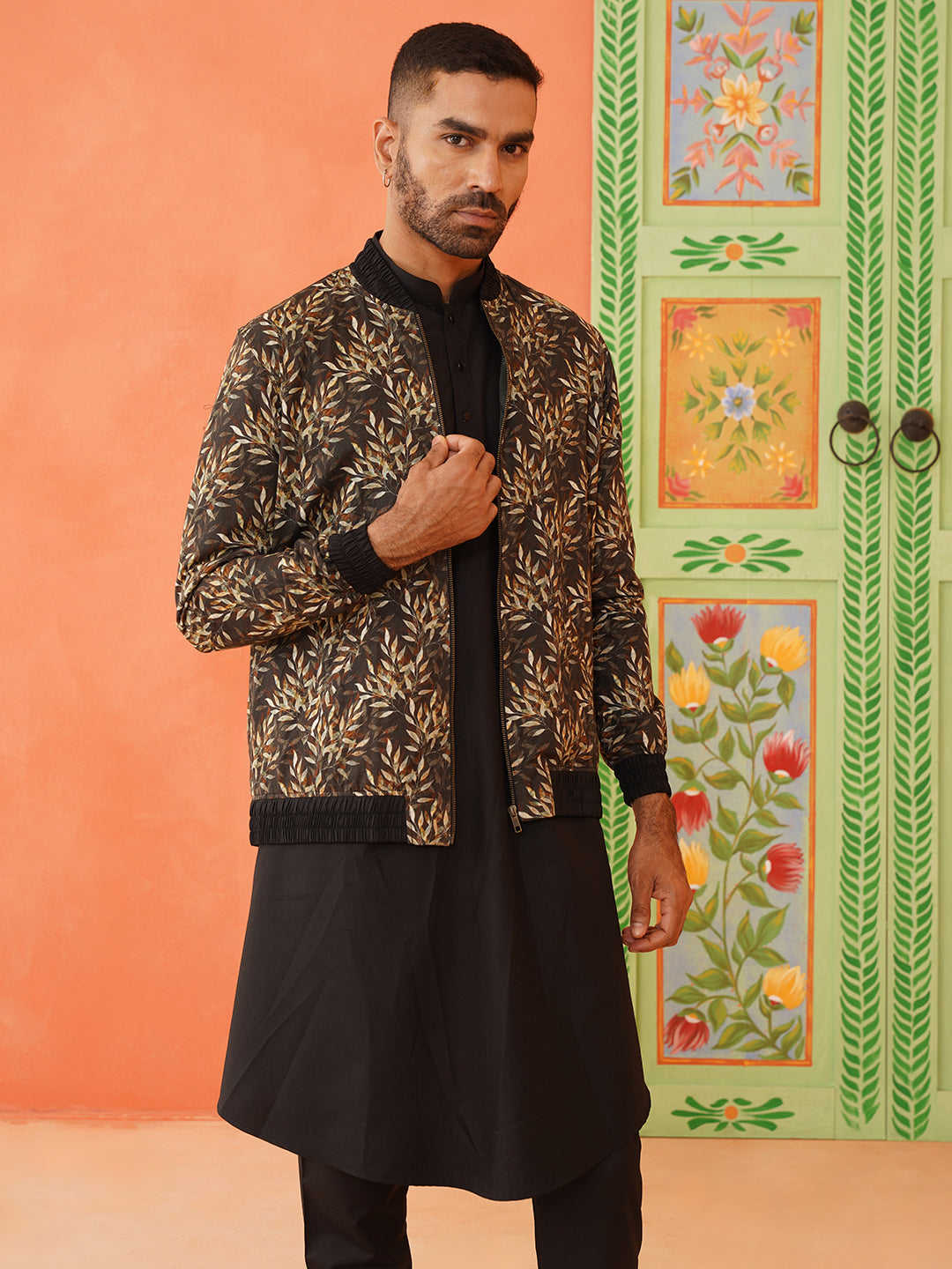 Black Printed Jacket Kurta Set