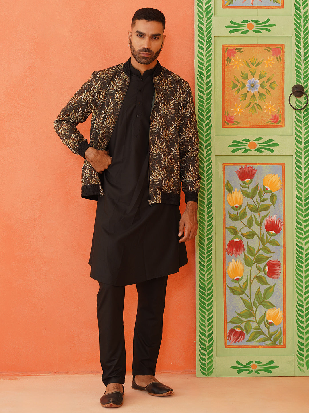 Black Printed Jacket Kurta Set