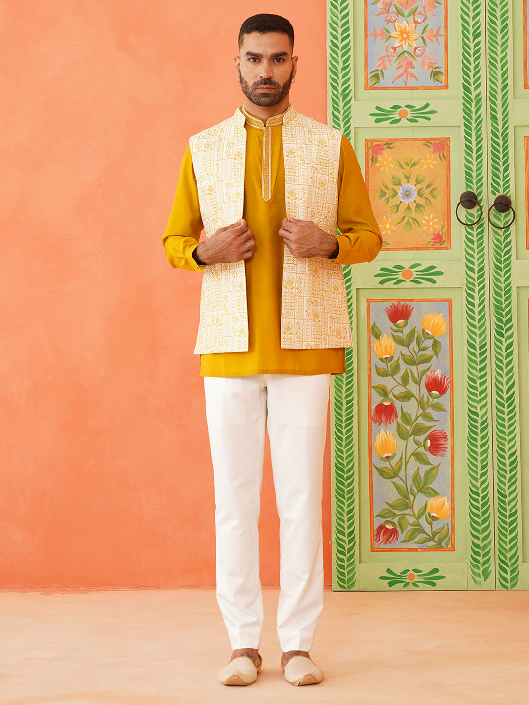 Cream Mustard Embroidered Jacket & Kurta Set