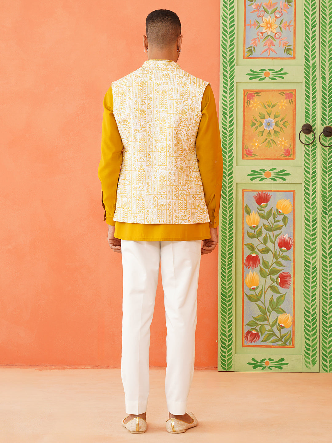 Cream Mustard Embroidered Jacket & Kurta Set