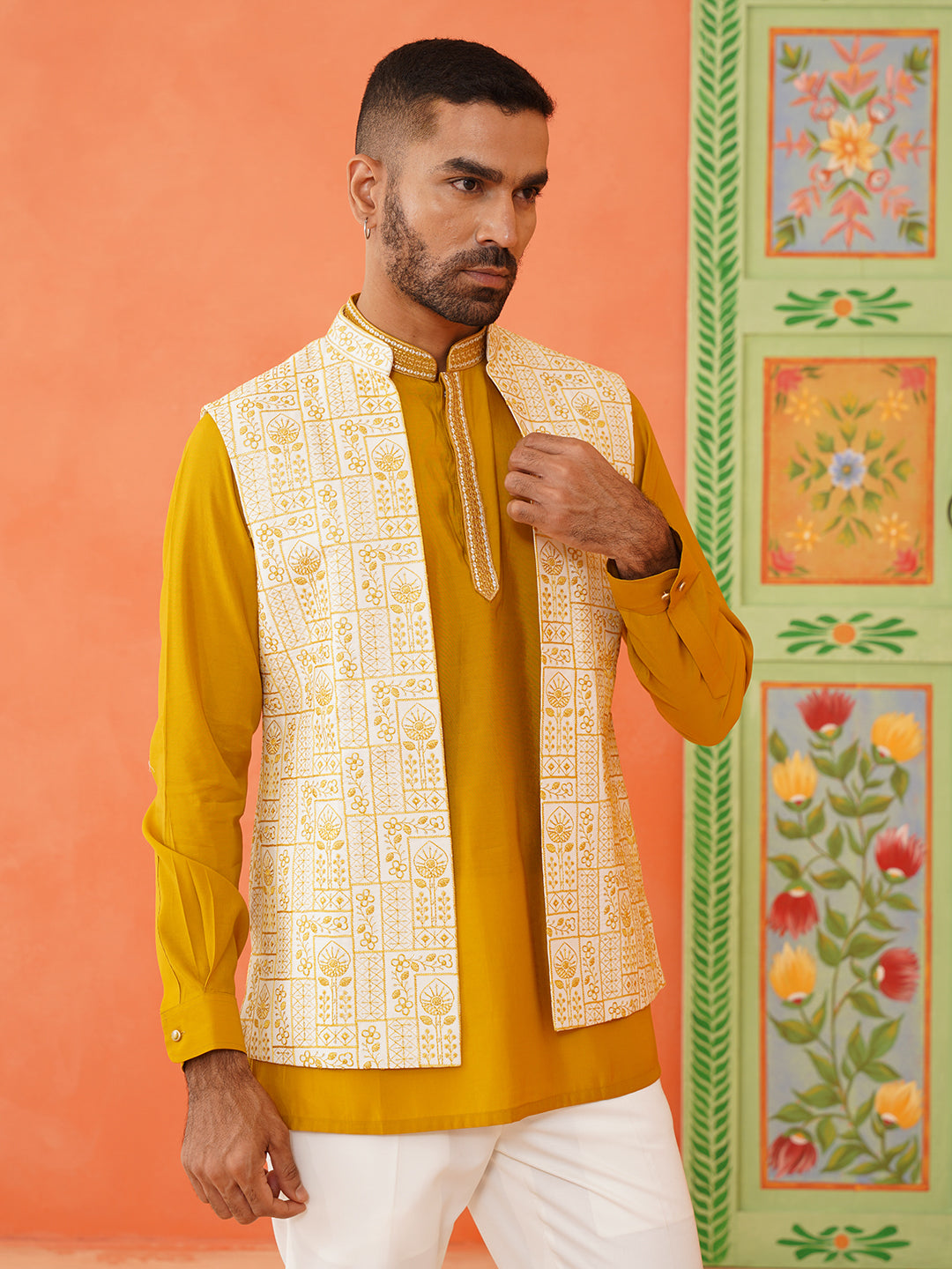 Cream Mustard Embroidered Jacket & Kurta Set