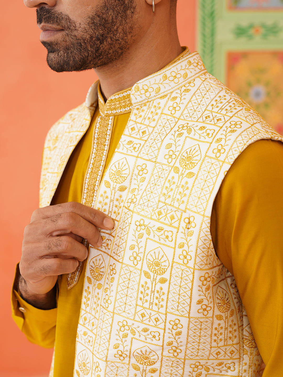 Cream Mustard Embroidered Jacket & Kurta Set