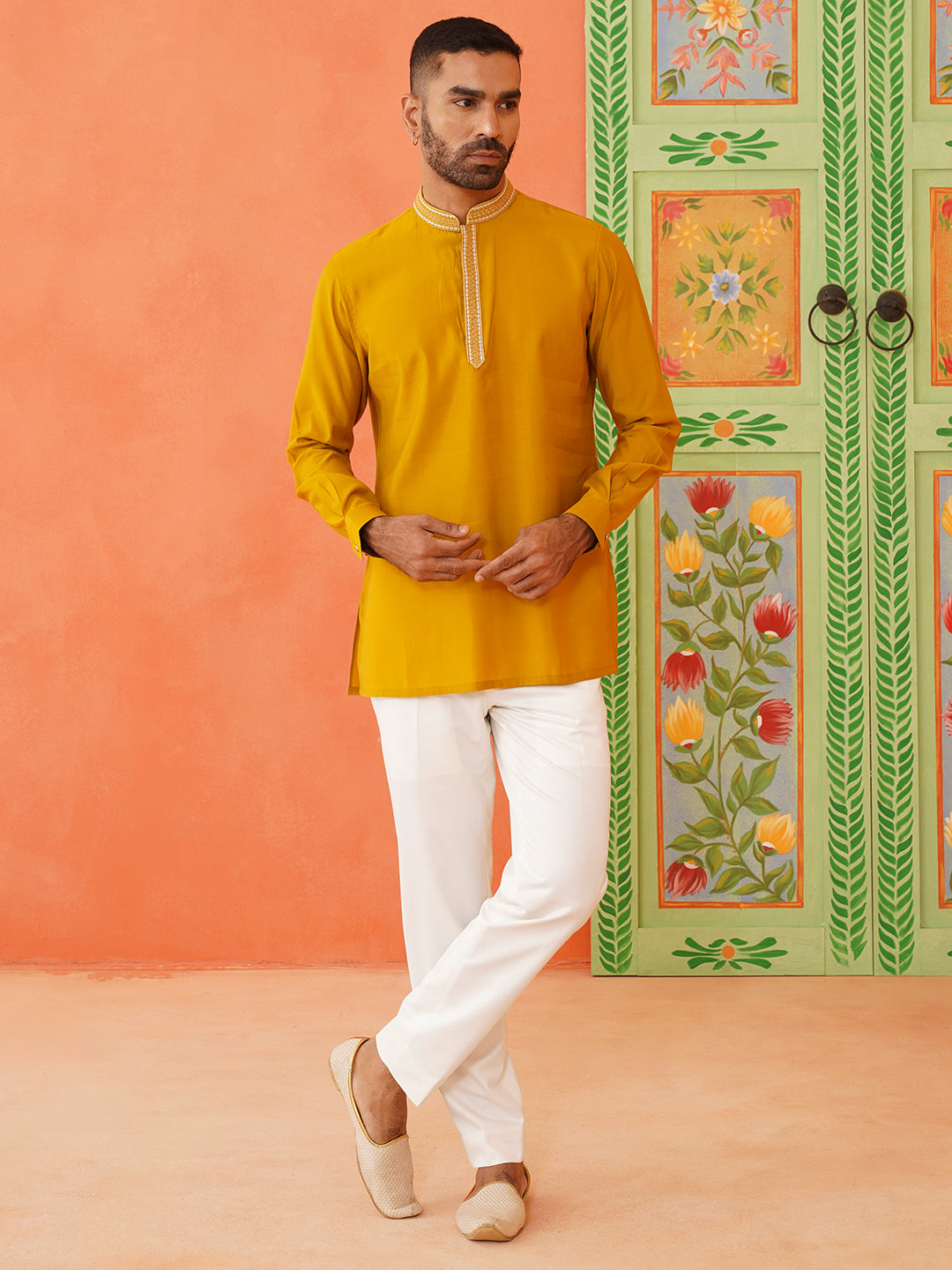 Cream Mustard Embroidered Jacket & Kurta Set