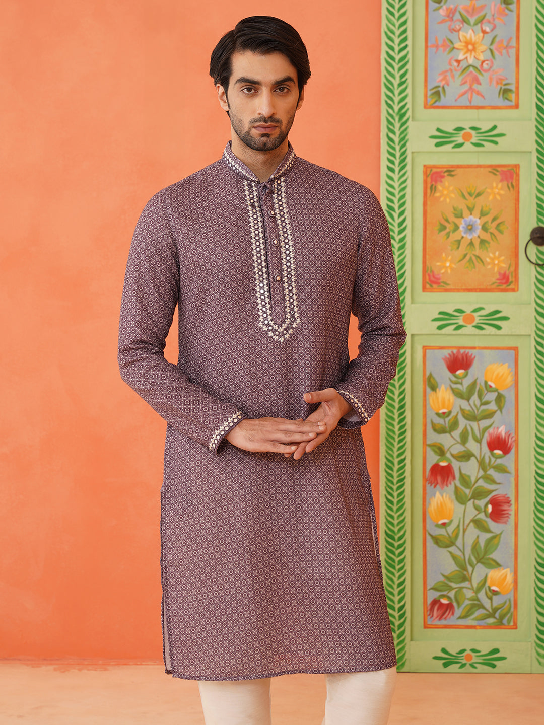 Earthy Purple Printed Kurta Set with Abla Embroidery