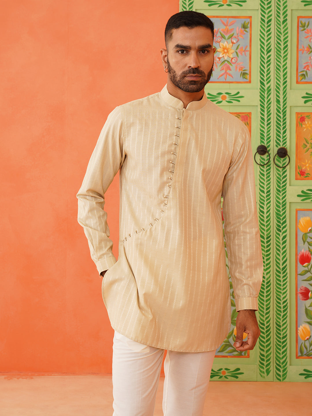 Beige Self Design Cotton Kurta Set