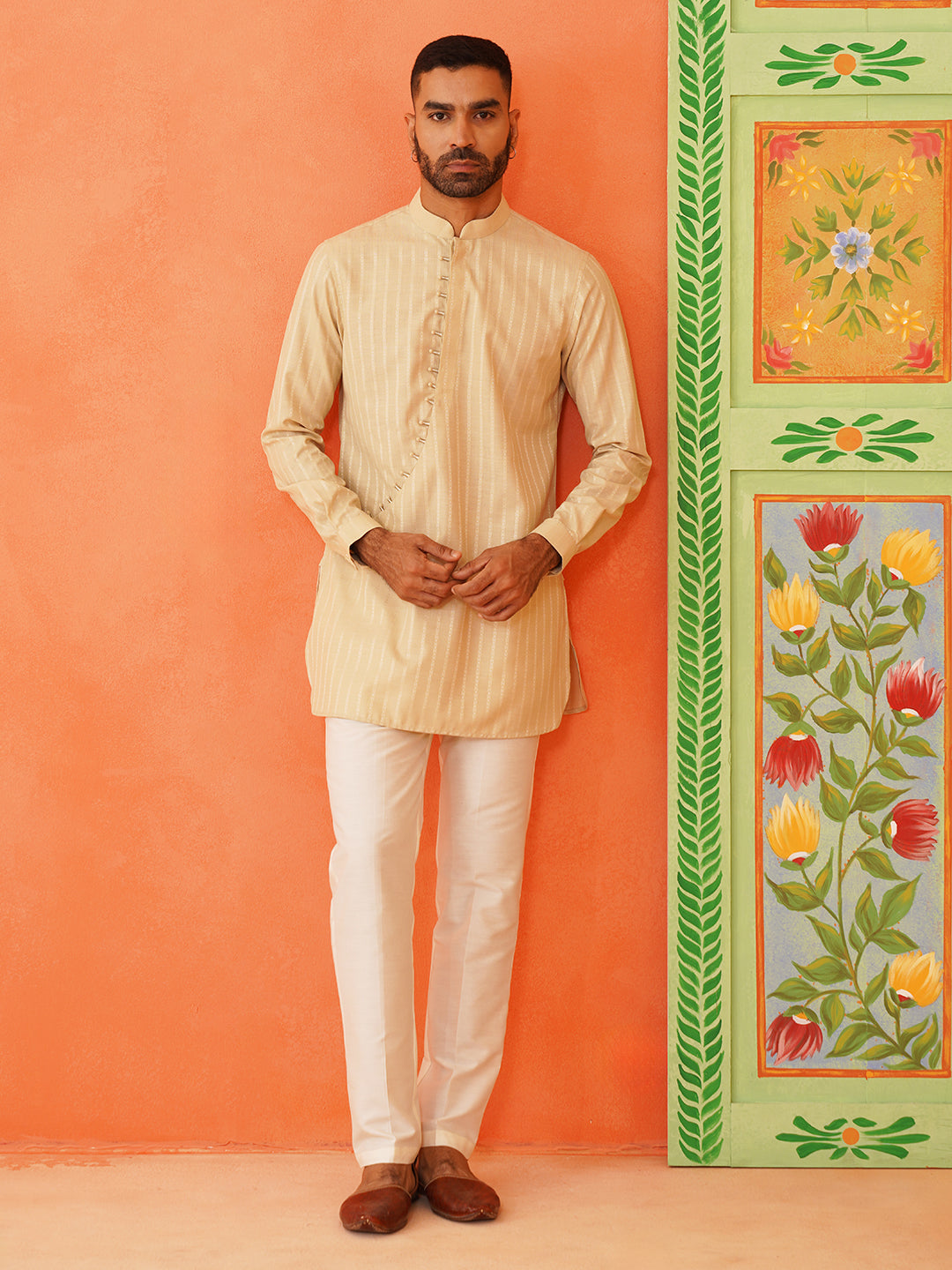 Beige Self Design Cotton Kurta Set