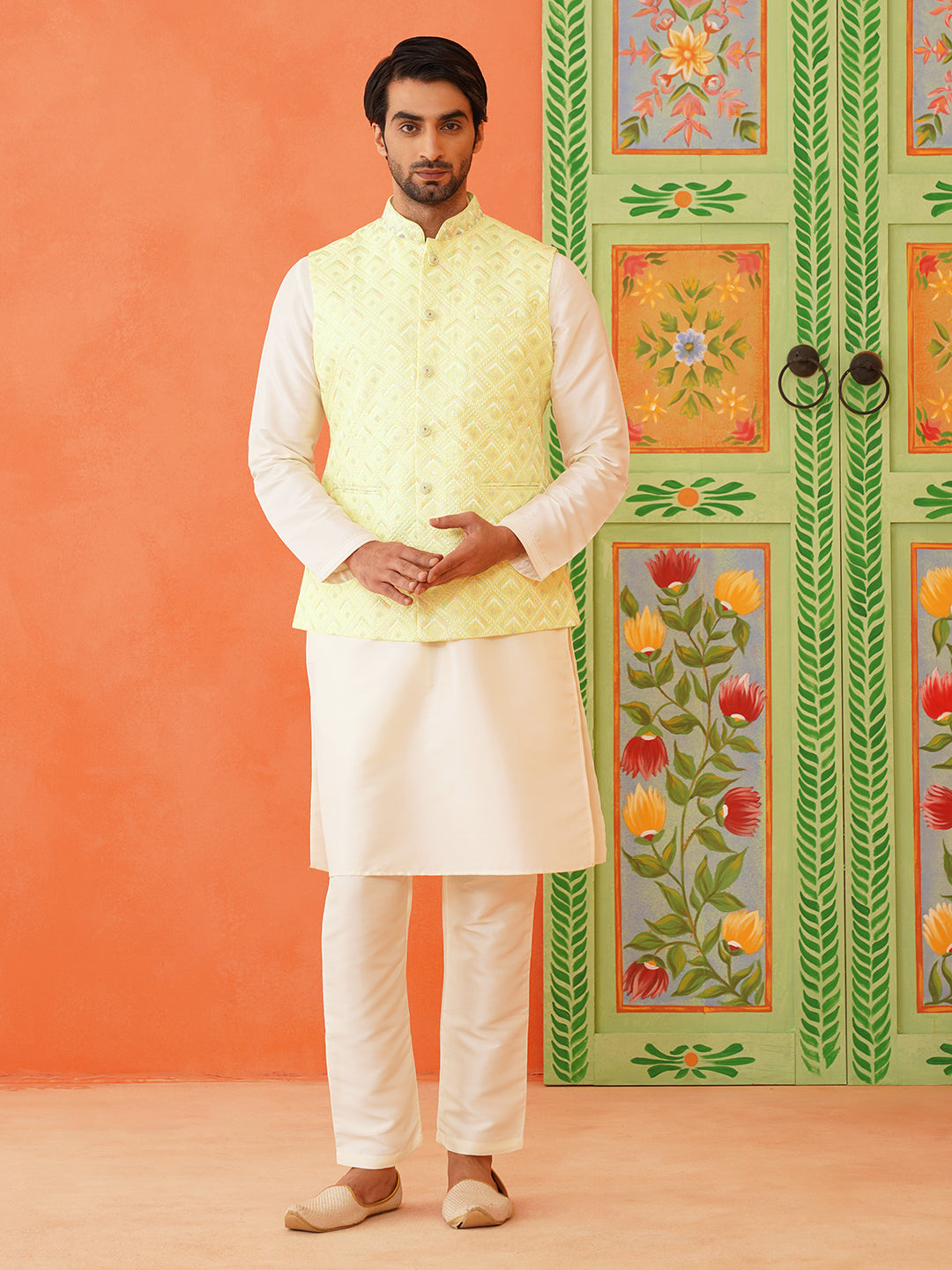 Lemon Yellow Chikankari Jacket Kurta Set