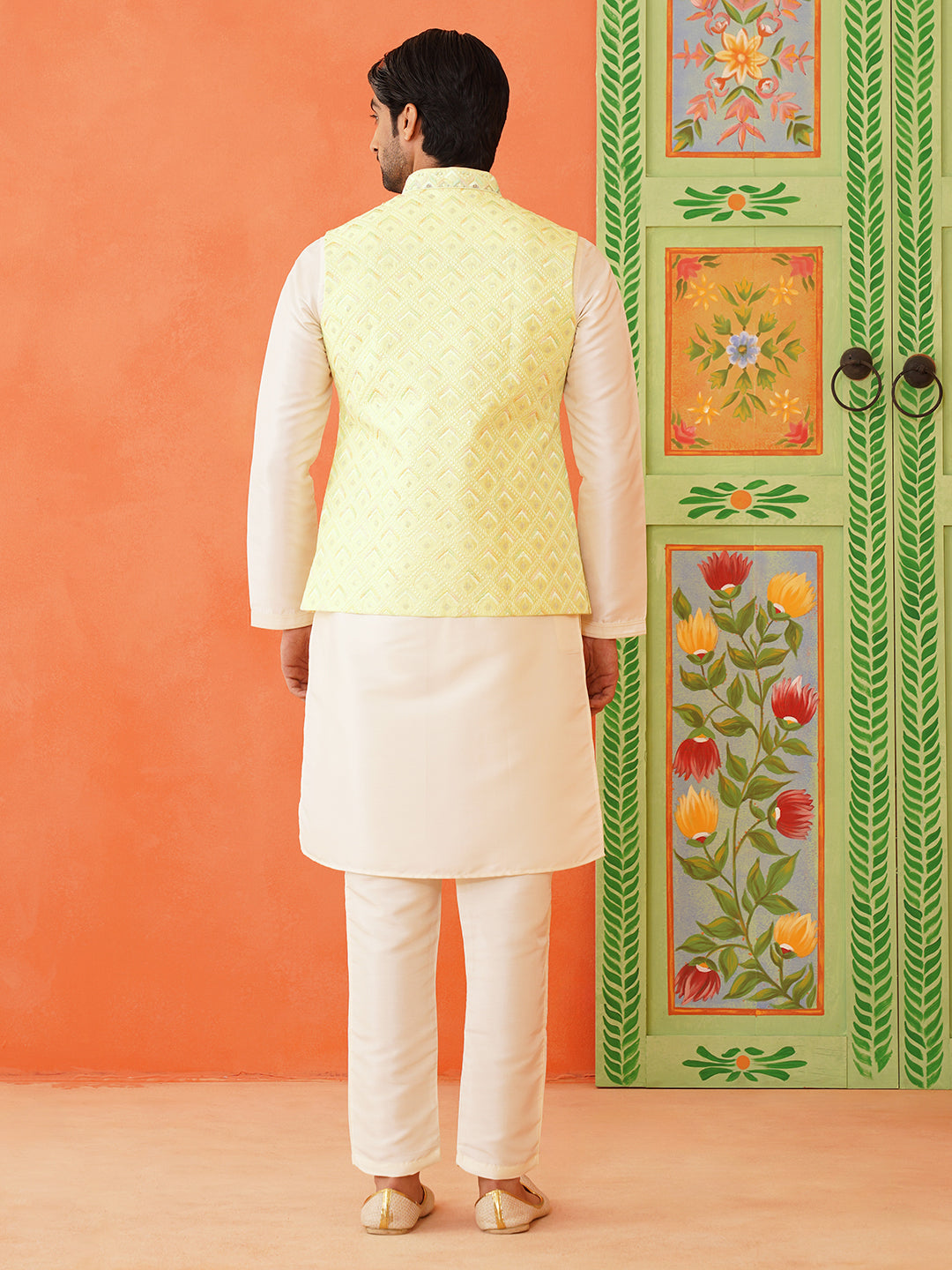 Lemon Yellow Chikankari Jacket Kurta Set