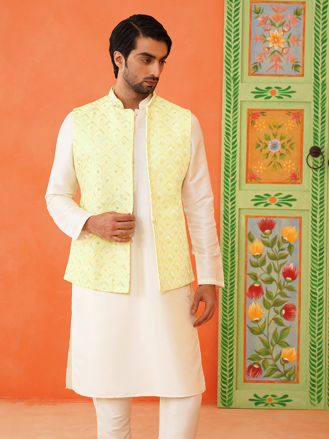 Lemon Yellow Chikankari Jacket Kurta Set