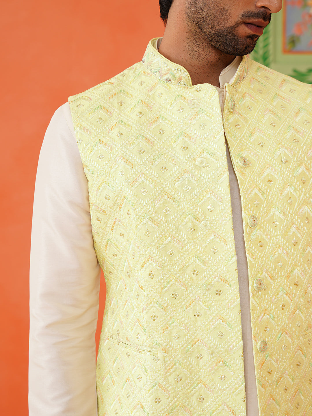 Lemon Yellow Chikankari Jacket Kurta Set