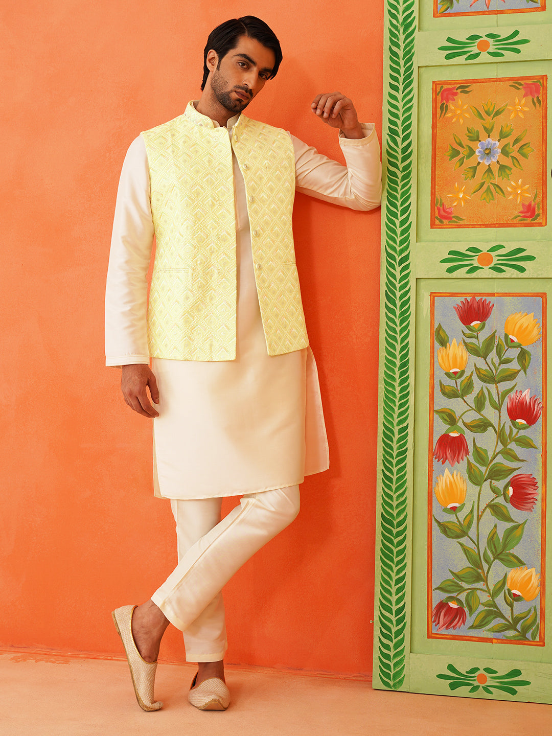 Lemon Yellow Chikankari Jacket Kurta Set