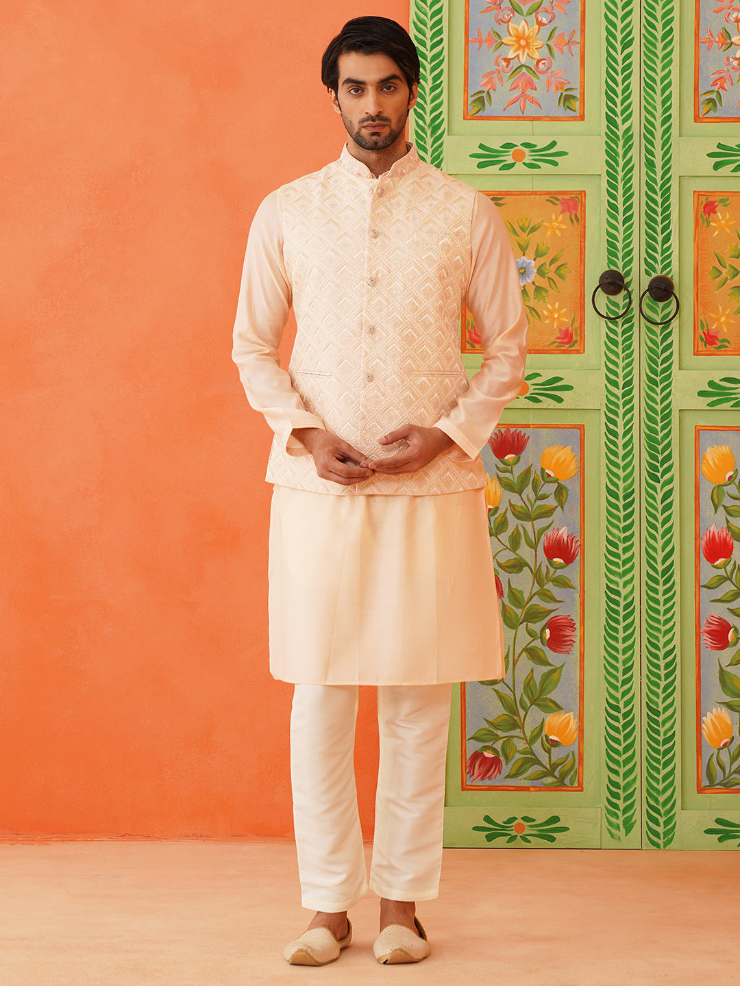 Peach Chikankari Jacket Kurta Set