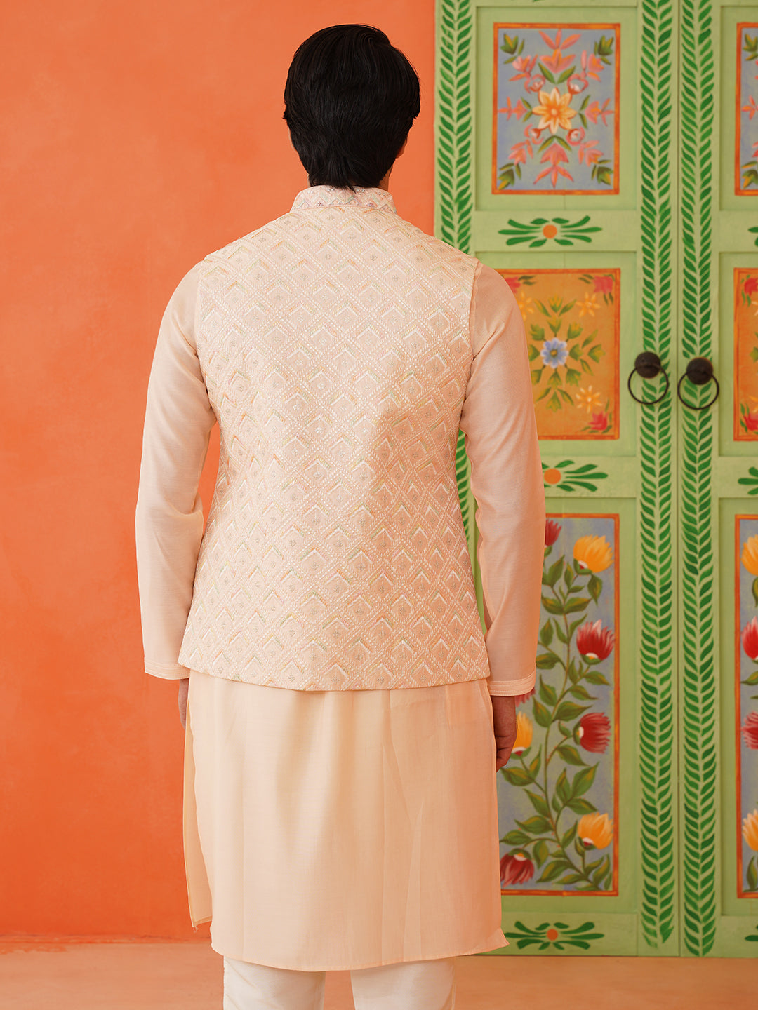 Peach Chikankari Jacket Kurta Set