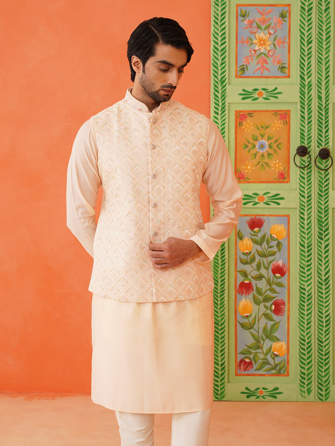 Peach Chikankari Jacket Kurta Set