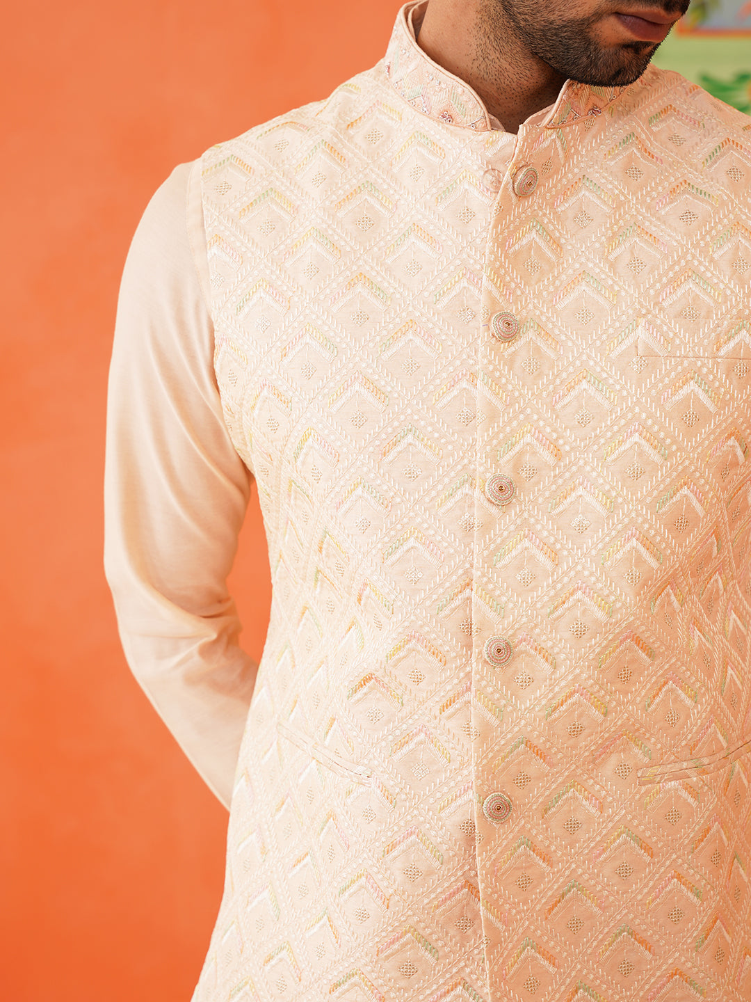 Peach Chikankari Jacket Kurta Set