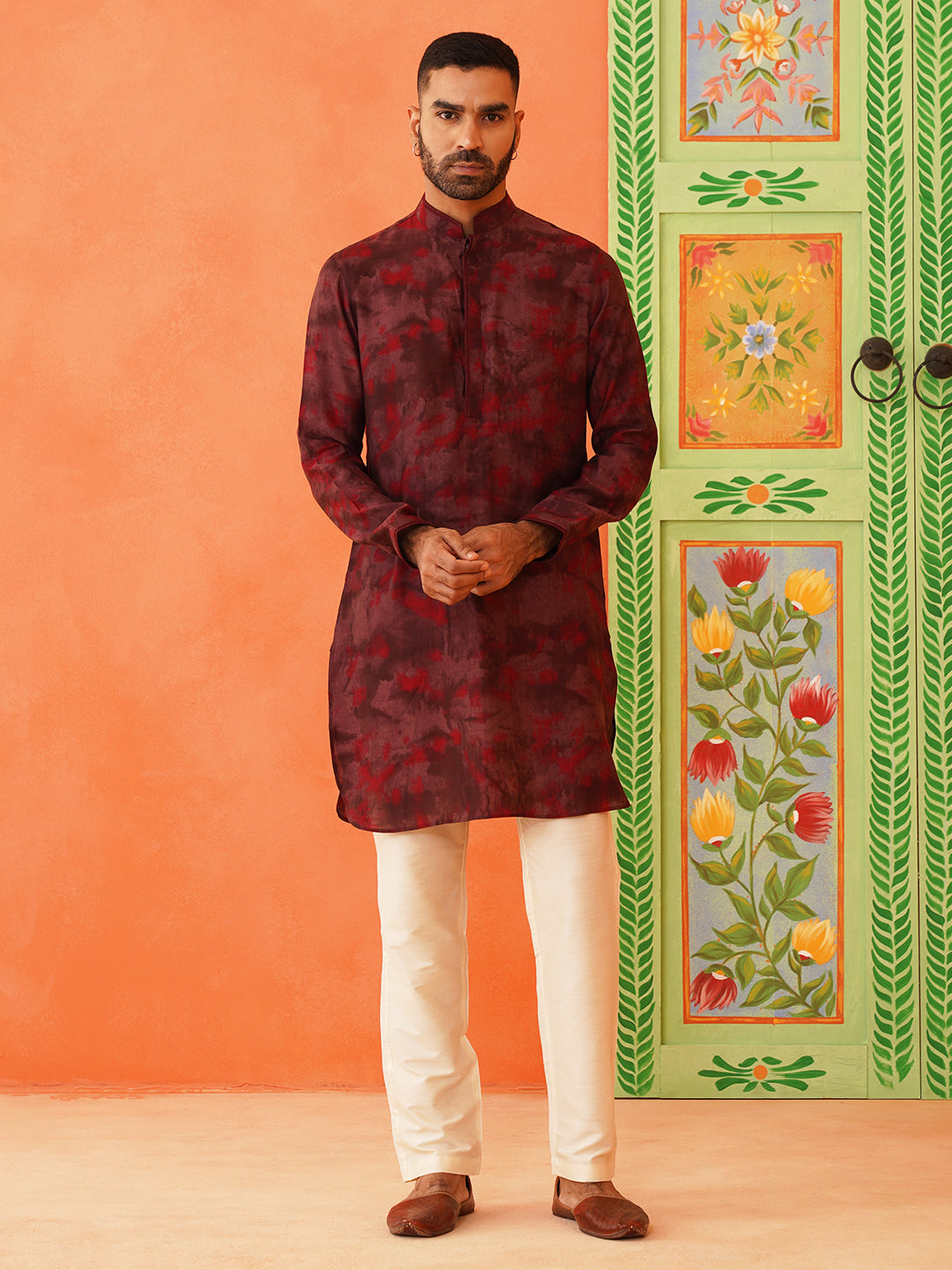 Maroon Printed Jacket Kurta Set